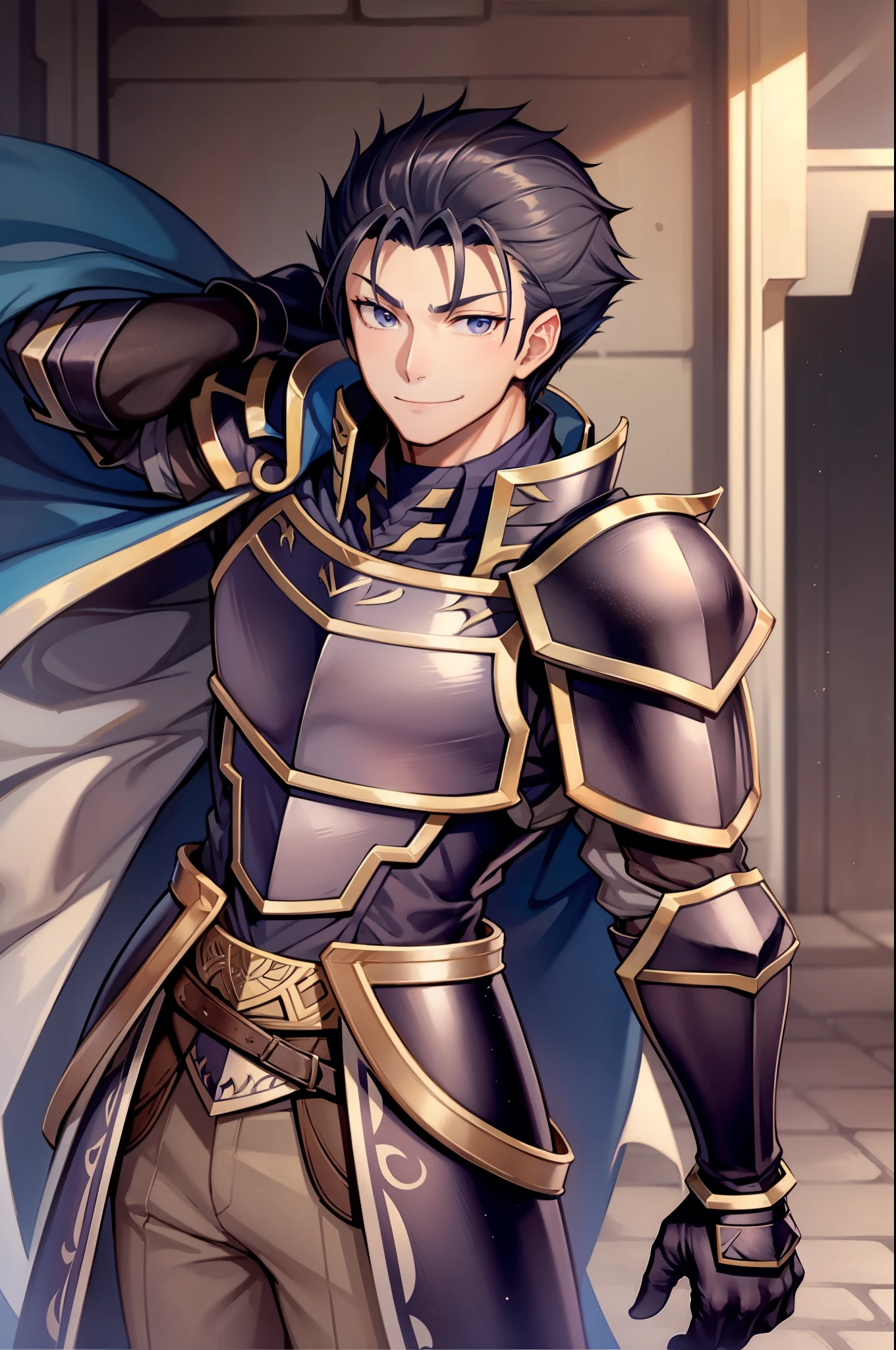 Hector Fey， 独奏， looks at the viewer， smiled， mitts， 1boys， Male focus，armour， capelet， Shoulder armor， Dari bawah