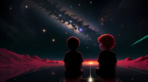 1 child black man, 1 child red-haired woman, floating in deep black space in the direction of a gigantic, lua desolada, View from a bright and technologically advanced spacecraft. Embutidos no vidro da nave, There are bright neon details reflecting on chil...