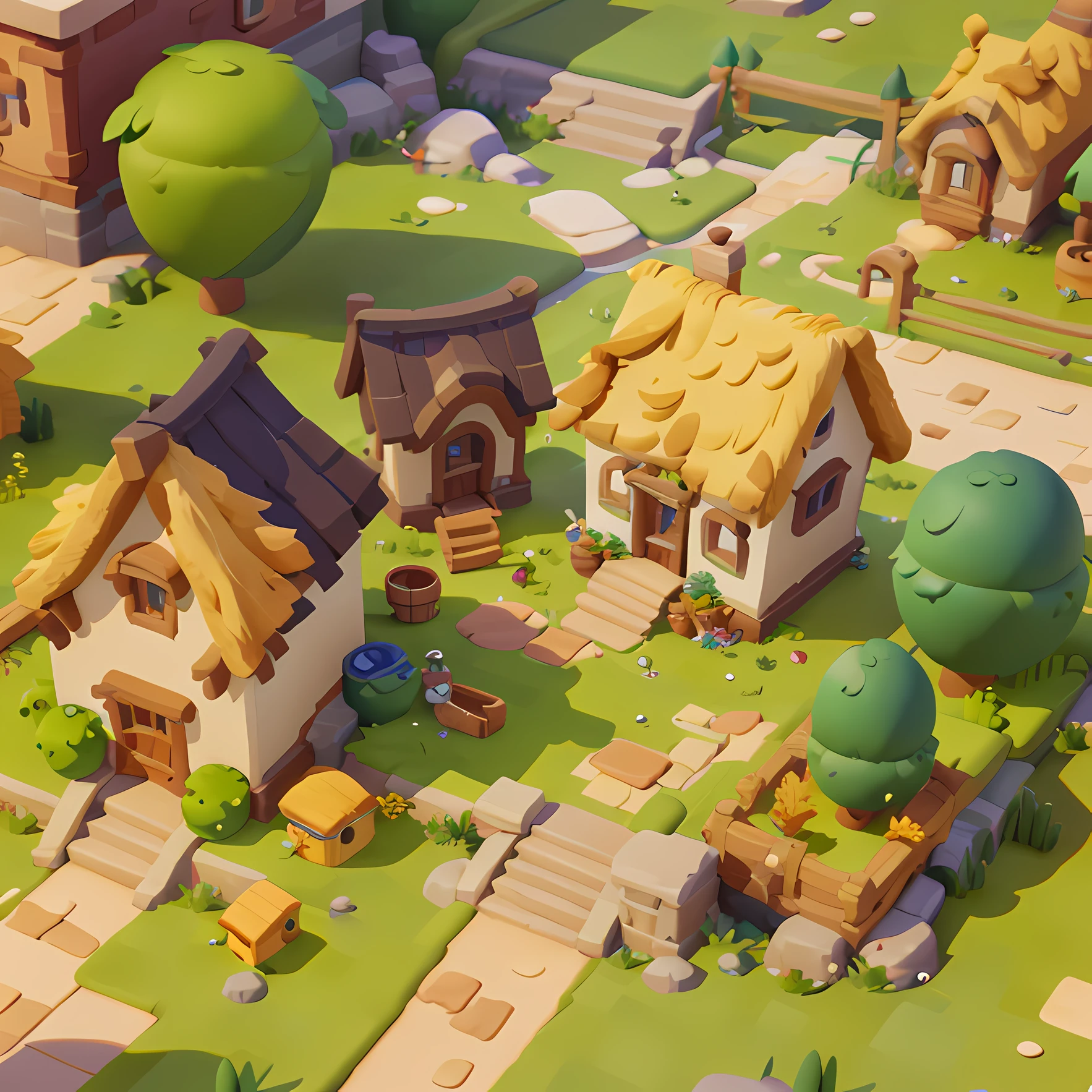 Game architecture design, cartoon, farm, stone, brick, grass, river, flowers, vegetables, wheat, trees, animals, casual play style, 3d, blender, masterpiece, super detail, best quality