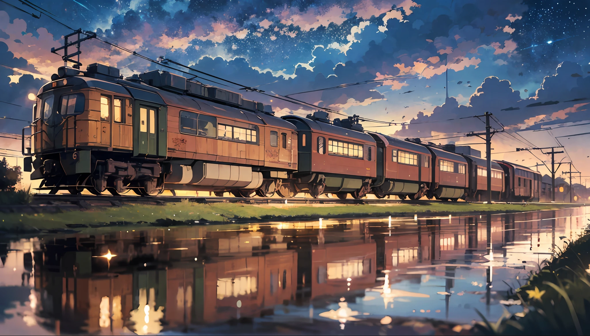 High-quality masterpieces、landscapes、Anime train passing through a body of water on the tracks、Bright starry sky。Break Romantic Train、pixiv、concept-art、Laffy art style、reflection。lofi art, beautiful anime scene, Break Anime Scenery, Detailed landscape — width 672、 break,specifics,Realstic,4K highly detailed digital art,octane renderings, bioluminescense, Break 8K resolution concept art, 真实感,by Mappa Studios,A masterpice,the best quality,Official art,illutst,Ligneclair,(Cool_Color),perfect-composition、absurdist、Fantasia、Focused、Rule of thirds