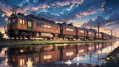 high-quality masterpieces、landscapes、anime train passing through a body of water on the tracks、bright starry sky。break romantic ...