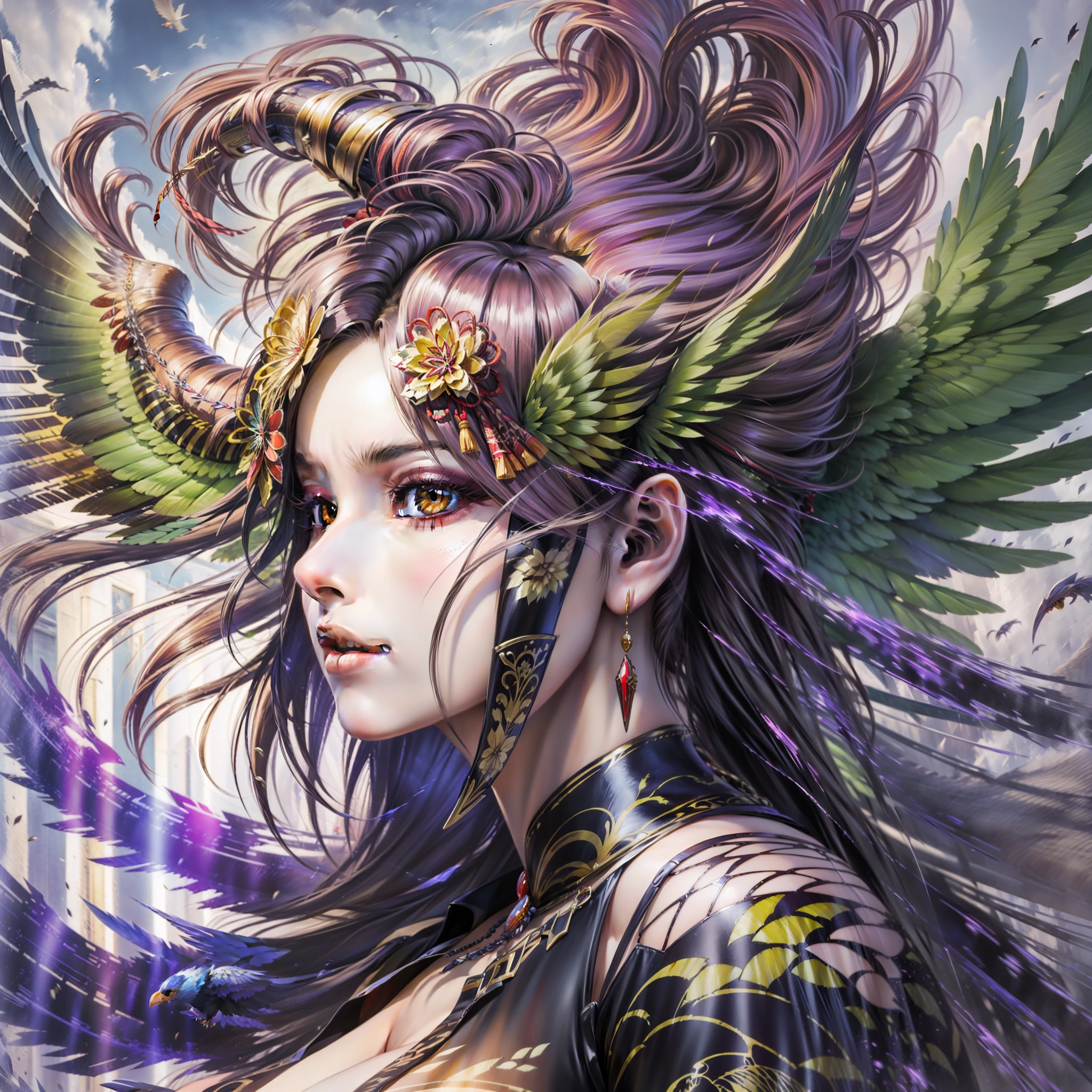 an f18 hornet WITH EAGLE WINGS, fantasy art,hyper realistic, super detailed, heat haze, 4K, by Yoshitaka Amano, Ellen Jewett, and Leonora Carrington AND boris vallejo:: A detailed, elegant, intricate, colorful portrait in mixed media:: A masterpiece of surreal art, a vibrant painting, vibrant colors