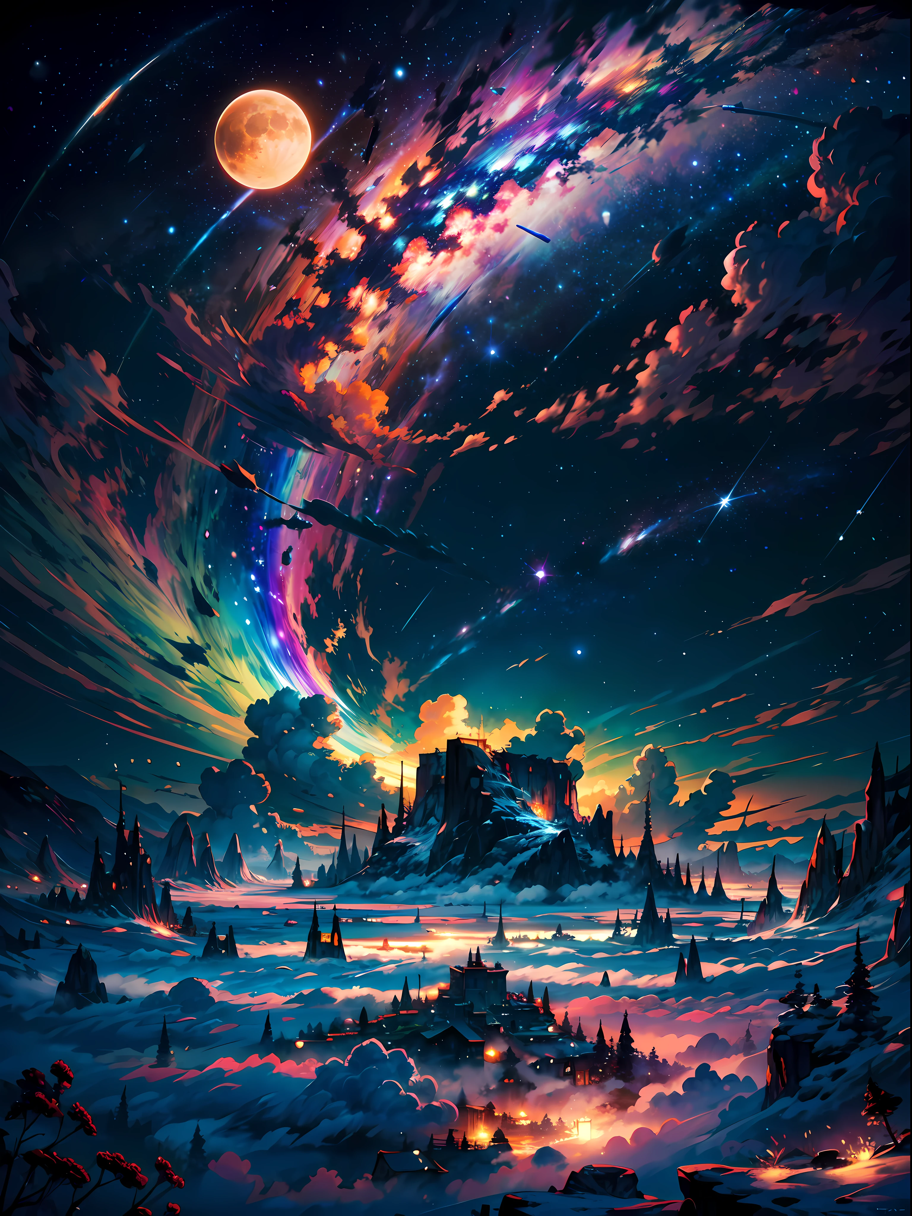 The image depicts a breathtaking otherworldly scenery that is nothing short of magical. It appears to be taken from high above the clouds, as the viewer is presented with a stunning panoramic view of the vast expanse of the sky. The stars twinkle and glimmer, creating a mesmerizing spectacle that is truly awe-inspiring. A colorful rainbow is also visible in the distance, adding a pop of vibrant hues to the otherwise serene and tranquil atmosphere. The sun shines brightly, casting a warm and welcoming glow over the entire scene. Overall, this image is a symphony of colors, light, and beauty that transports the viewer to another world entirely.