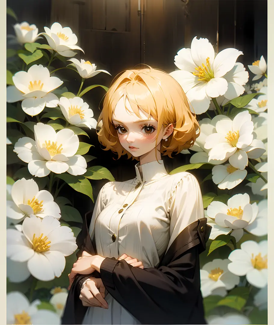 1woman, blonde hair, short hair, curly hair, old fashioned, brown eyes, kind, soft, flowers, while clothing, white flowers, pale skin, calm