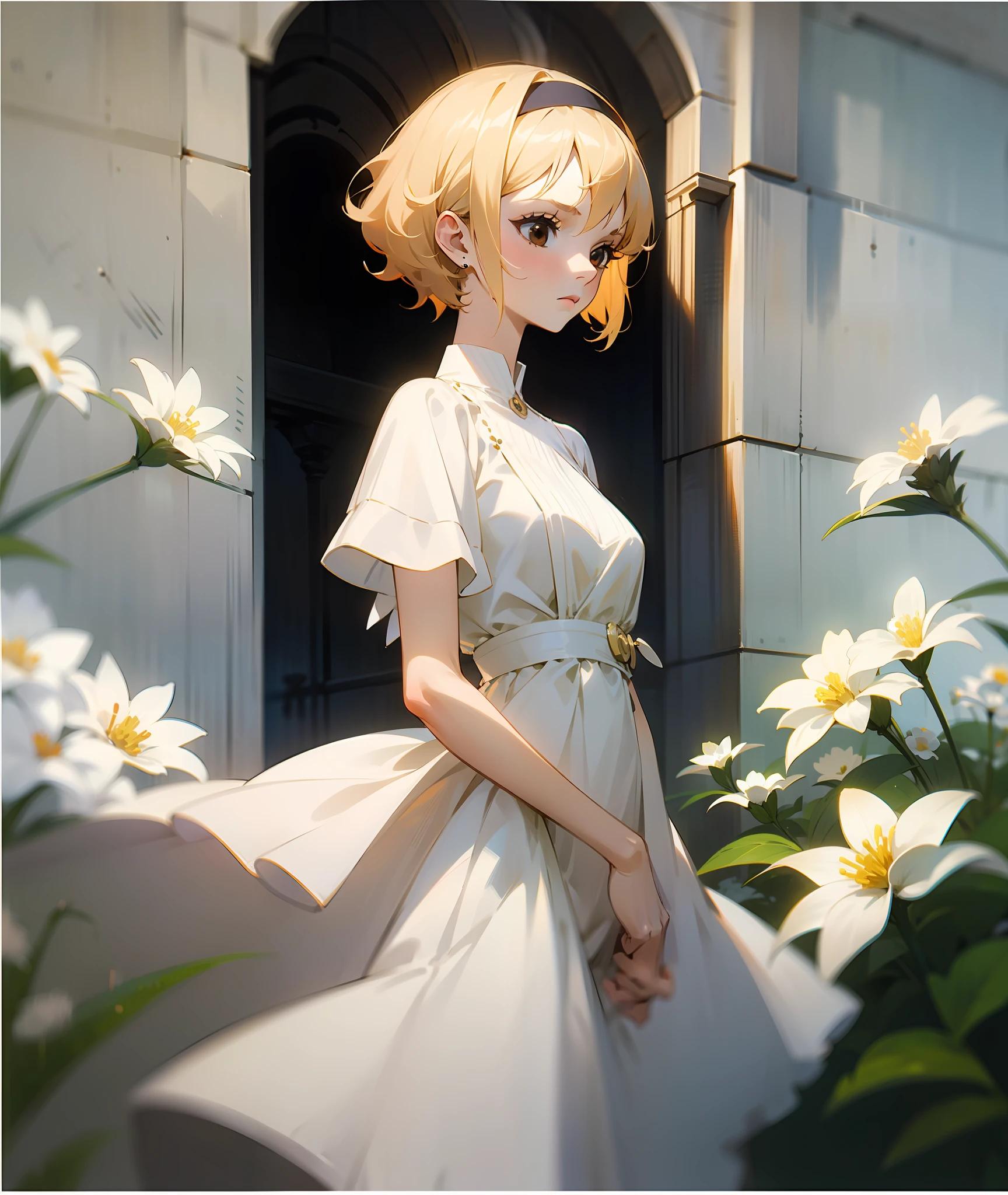 1woman, light blonde hair, woman, grown woman, short hair, curly hair, old fashioned, brown eyes, kind, soft, flowers, white dress, black headband white flowers, pale skin, calm