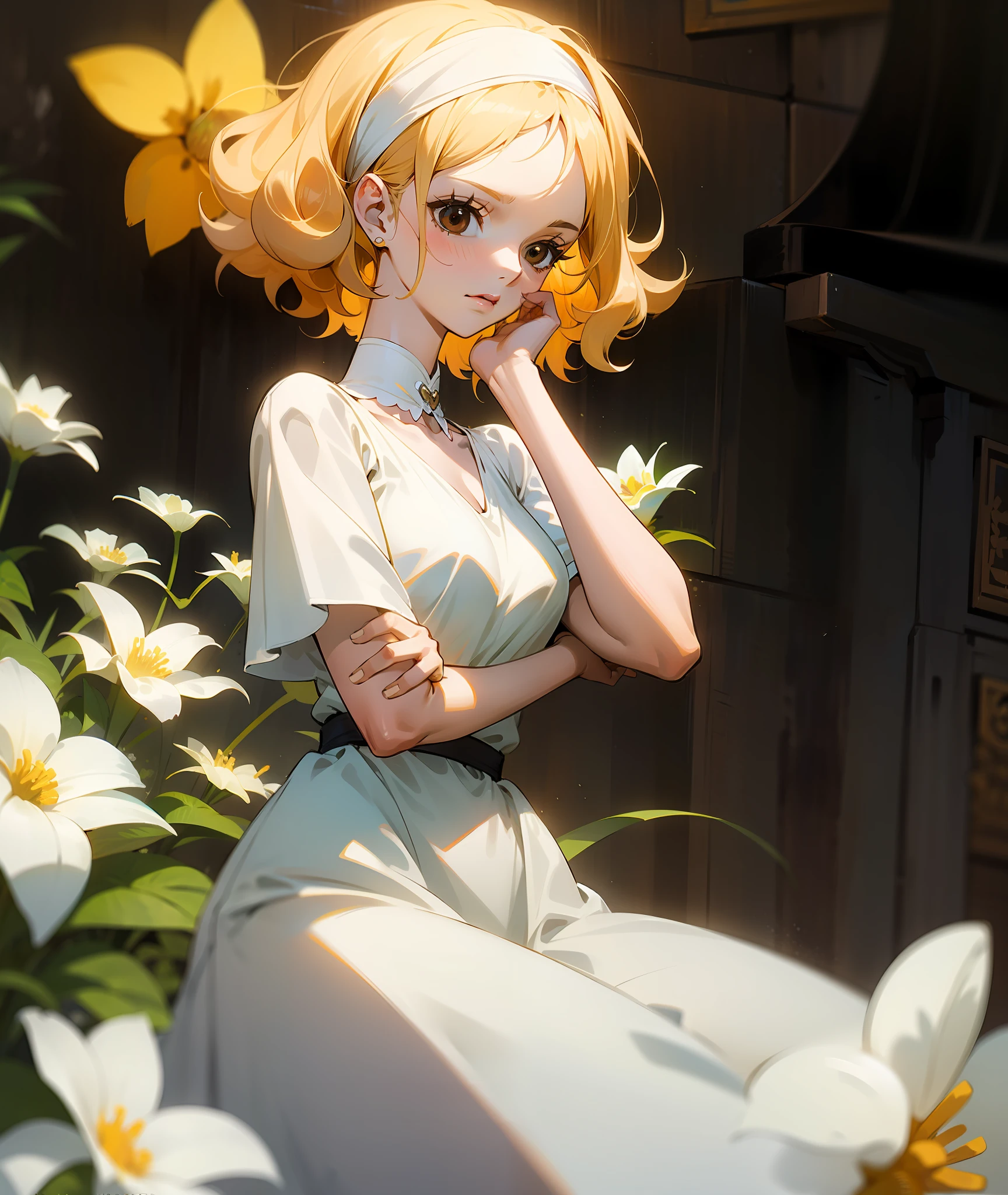 1woman, light blonde hair, woman, grown woman, short hair, curly hair, old fashioned, brown eyes, kind, soft, flowers, white dress, black headband white flowers, pale skin, calm