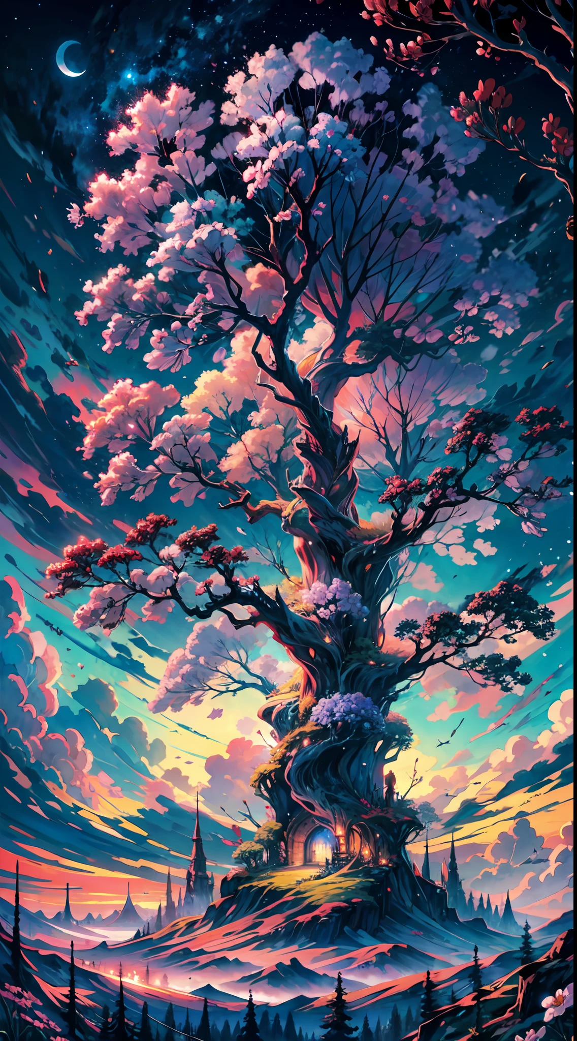 The image portrays a breathtaking, otherworldly landscape, set in a fantasy atmosphere of wonder and magic BREAK ,at the center of the image stands an awe-inspiring world tree, towering high into the clouds and reaching towards the heavens,Its trunk is massive and gnarled, with branches that stretch out in all directions, adorned with leaves and flowers that shimmer with a radiant glow.
BREAK 
The surrounding environment is equally captivating, with rolling hills and lush forests that extend as far as the eye can see. The sky is a vibrant blend of purples, pinks, and blues, with wispy clouds that seem to dance around the tree's branches and leaves
BREAK 
The colors used in the image are rich and vibrant, with a dazzling array of hues that create a sense of depth and dimension. The details of the tree and its surroundings are intricate and finely crafted, capturing the essence of a truly mystical and magical world