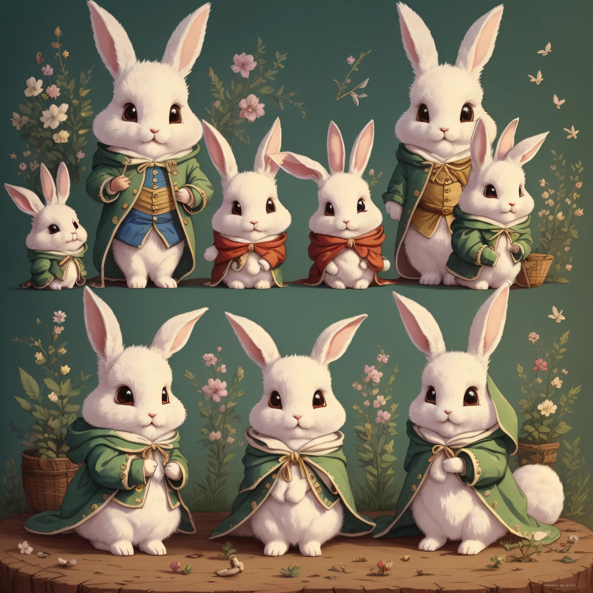 An ultra-high picture quality、Super delicate、Character design drawings、Full body like、Multiple Pose、Multiple facial expressions、Anthropomorphic cute rabbit、Cute characters from fairy tales、Cute rabbit in coat、18th century French clothing、Colorful colors、