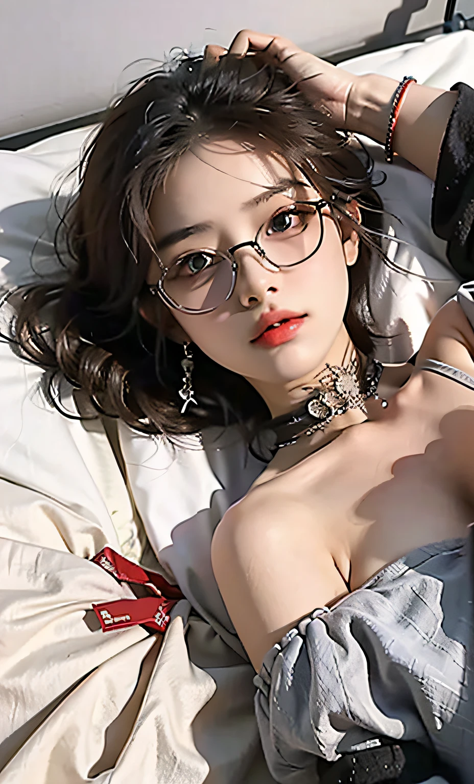 Beautiful detailed girl, very detailed eyes and face, beautiful detailed eyes, (full body), 1girl, 16 years old, long hair, side split, (with glasses), (perfect body 1.3) ((lying on bed)), stockings, (dress), super detailed, high resolution, best quality, masterpiece, illustration, fine details, masterpiece, 8k wallpaper, movie lighting,