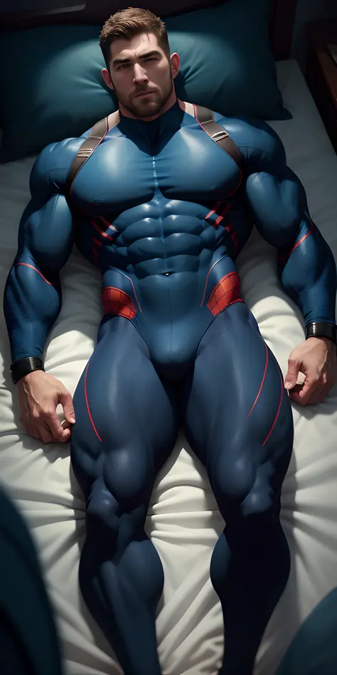 1 muscular man wrapped in dark blue Spider-Man's skinny high-necked Slime，Sleep on a large bed with sunken dark blue tentacles wrapped around them，There are plenty of dark blue stout tentacles on the bed，They burrowed between their legs，Eyes are confused，m...