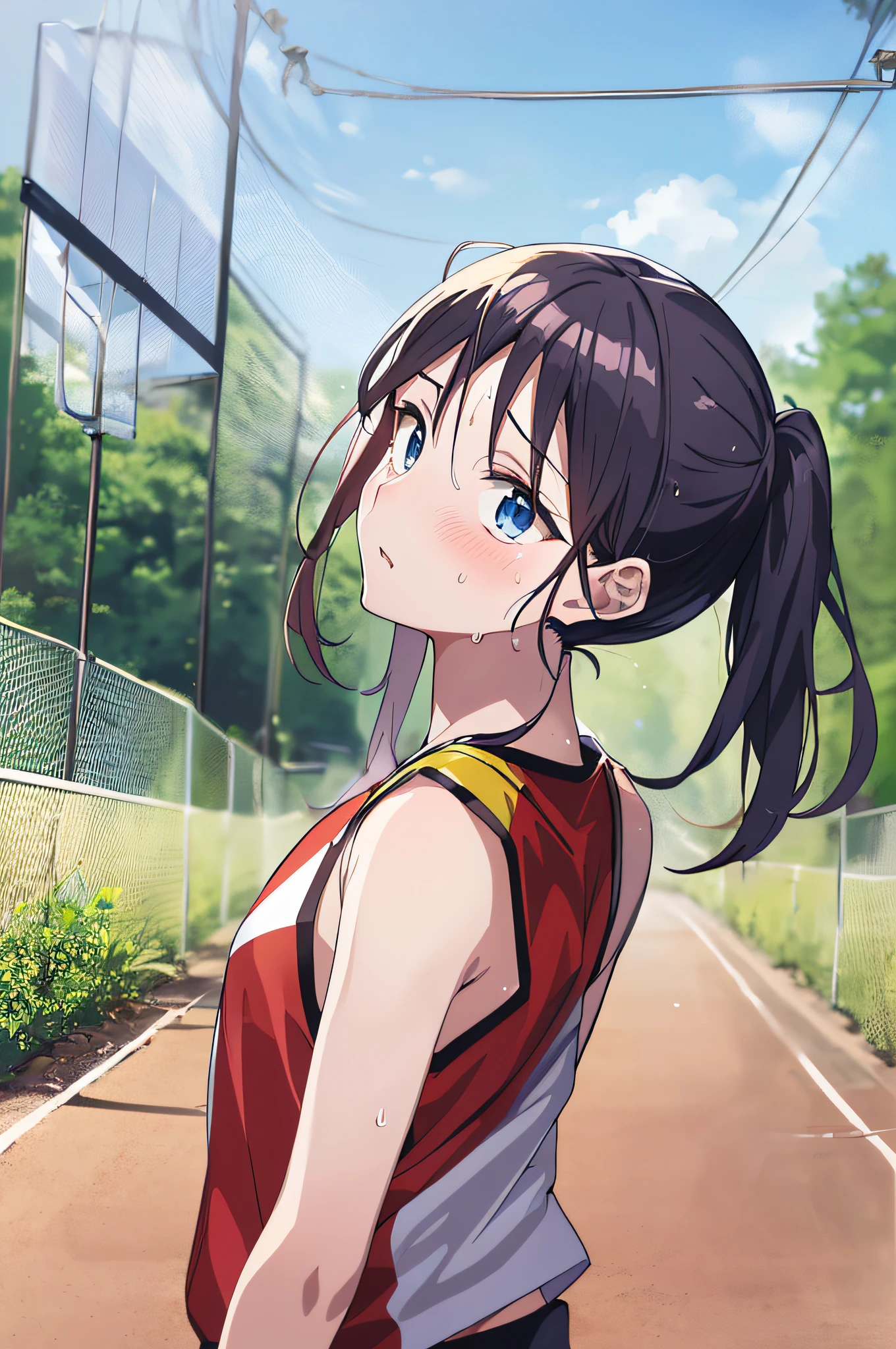 (the best quality,アニメ,Anime Art Style:1.2), babes, 13years, the sweat、Playing Basketball,Intense angle、Strenuous movements,looking away,deadpan