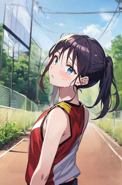(the best quality,アニメ,Anime Art Style:1.2), babes, 13years, the sweat、Playing Basketball,Intense angle、Strenuous movements,looki...
