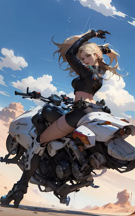 blond woman riding a motorcycle in the desert with a sky background, single ponytail hair，flowing long hair，azure sky，ross tran ...