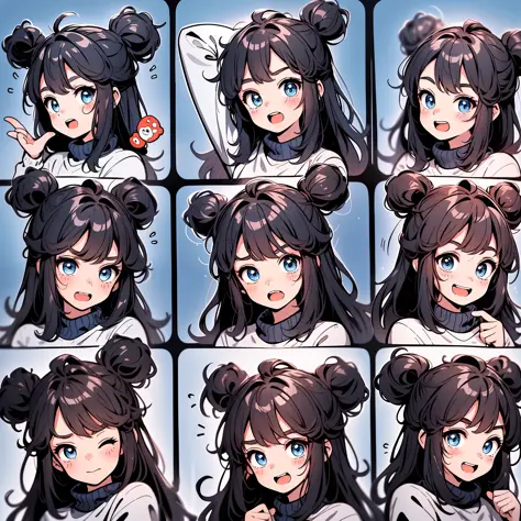 1 cute girl，9，9 emoji packs，9 poses and expressions，Disney  style，Black strokes，Different emotions，8K
