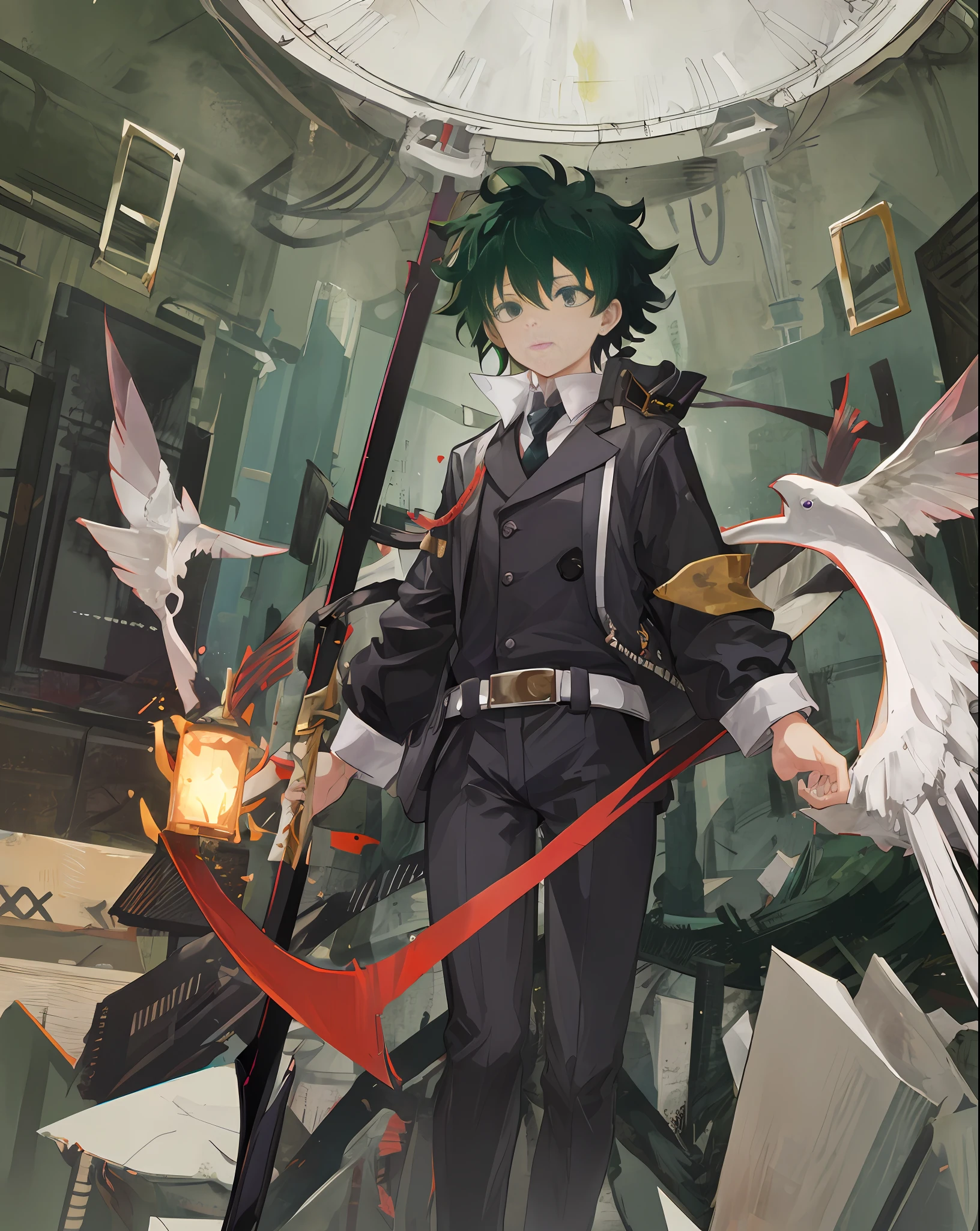 Izuku Midoriya as the grim reaper wearing plague doctor's clothes wielding a scythe on a cementary under the crimson moonlight