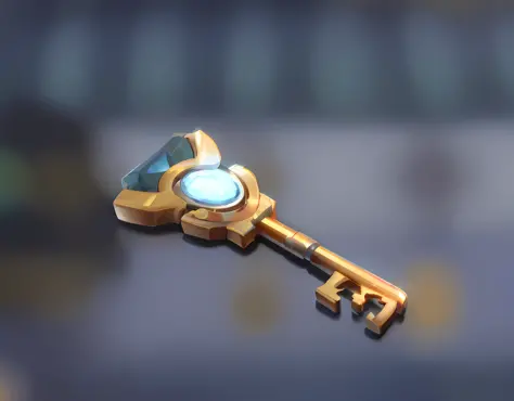 There is a golden key，There is a blue stone on it, golden key, treasure artifact, legendary item, key is on the center, Mecha mechanical wind，style of league of legends