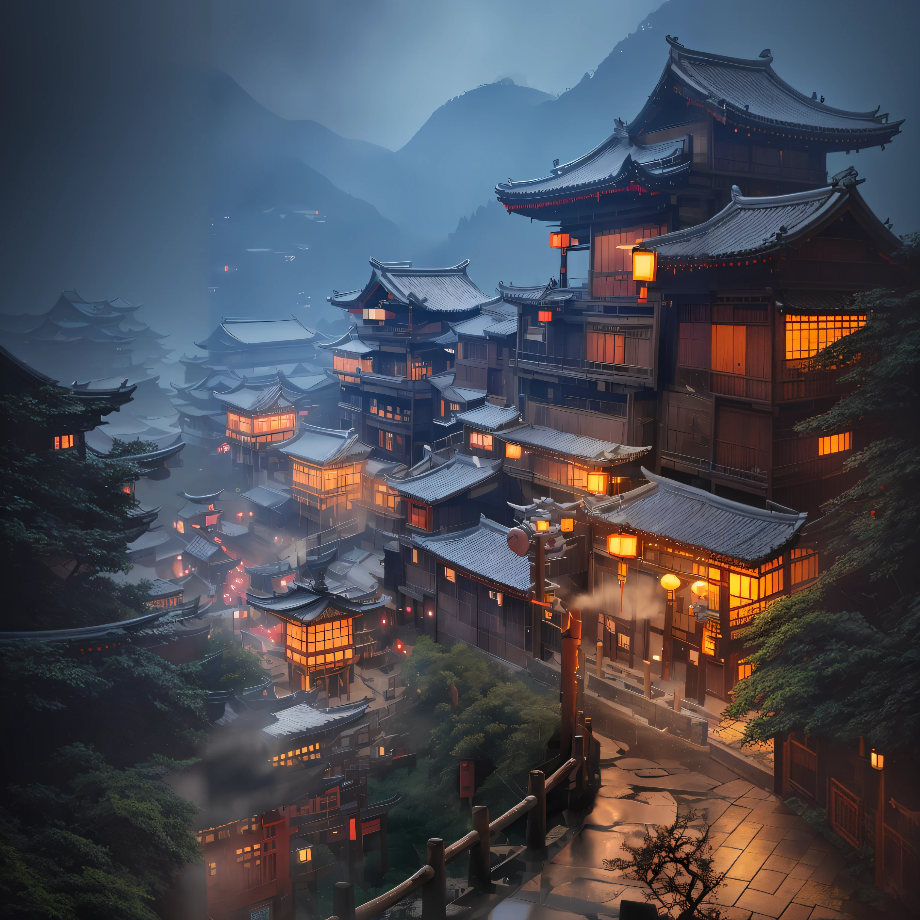 Asian architecture in a foggy night，mountain view, dreamy Chinese towns, japanese town, cyberpunk chinese ancient castle, japanese city, japanese city at night, Ancient Chinese architecture, Beautiful rendering of the Tang Dynasty, andreas rocha style, Ancient Japanese architecture, like jiufen, Japanese village, Chinese village, Chinese architecture, inspired by Andreas Rocha