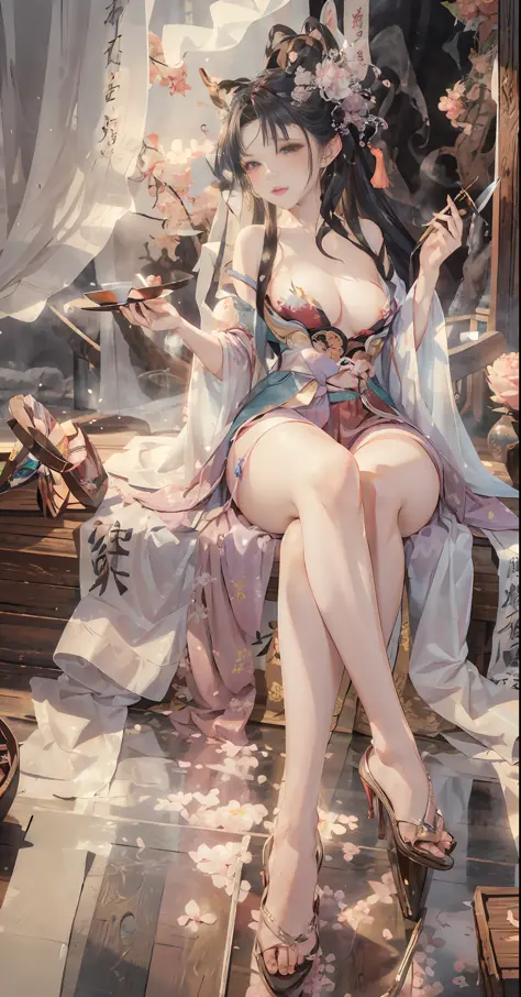 Sexy seductive lady，30yo，Peach blossom eyes，Smoky makeup，Dark eyeshadow，Heavy makeup，Silk high fork hanfu，Stiletto heels，（Bare legs），Sexual temptation，Teasing expressions，Lift up your skirt，Sleeping in bed，Wearing makeup，style of anime，A seductive smile，Ki...