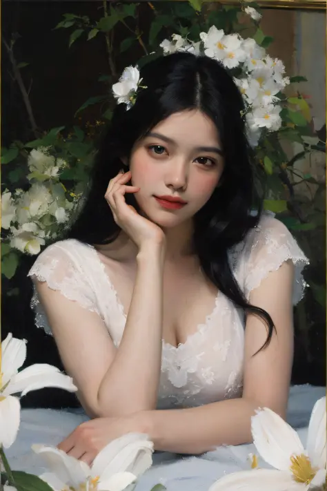 (oil painting:1.5),
\\
a woman with long black hair and white flowers in her hair is laying down in a field of white flowers, (amy sol:0.248), (stanley artgerm lau:0.106), (a detailed painting:0.353), (gothic art:0.106)