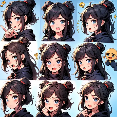 1 cute girl，9 grids，9 emoji packs，9 poses and expressions，Disney  style，Black strokes，Different emotions，8K