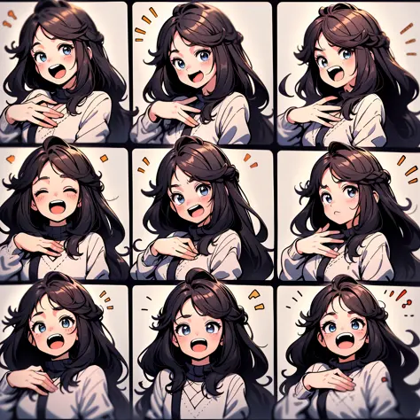 1 cute girl，9 grids，9 emoji packs，9 poses and expressions，Disney  style，Black strokes，Different emotions，8K