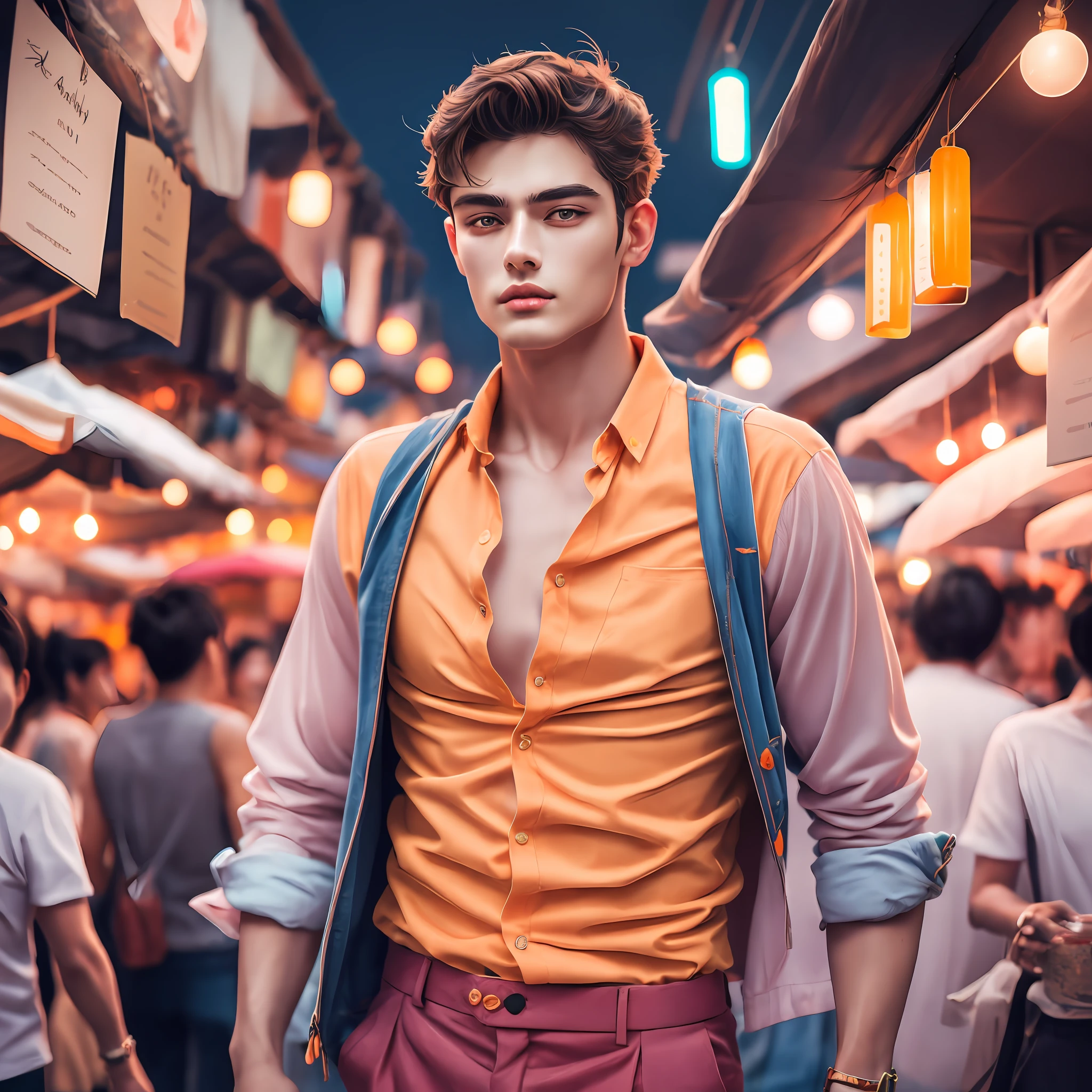 Sean O&#39;Pry 和 Lucky Blue Smith 的融合散發出迷人的存在感, 形成不可抗拒的誘惑力. 這張迷人的中廣鏡頭美麗地捕捉到一位身形纖細的 18-2  男性散發著真正陽剛氣息的原始美感。. 穿著休閒夏季服裝, (一身橙色的服装), ((橙色的衬衫和橙色的裤子)), ( 紐扣襯衫), 他毫不費力地體現了輕鬆又時尚的魅力，吸引了觀眾的目光. 以清迈古城夜市的迷人背景为背景, 泰國 at night time, 他在充满活力的氛围中自信地站立着, 被五颜六色的灯光照亮，周围是熙熙攘攘的人群. 夜市的风景如画的景色完美地衬托出他的磁性魅力, 他毫不费力地融入到场景的活力中. The vivid colors and rich cultural heritage of 泰國 infuse depth and vibrancy into the composition, 创造出视觉上令人惊叹的挂毯. 精心捕捉, 每個細節都成為攝影師藝術天賦的證明, 从皮肤上柔和的灯光到轻轻拂过他衣服的微风. 這張照片超越了現實, 邀请观众沉浸在热闹的氛围中，唤起一种惊奇感. 用高品質相機拍攝, 它展示了卓越的清晰度, 自然色調, 以及錯綜複雜的細節, 讓觀眾沉浸在其不可否認的美麗之中. 精妙的灯光运用为场景增添魅力, 迷住了观众的感官. 透過先進的渲染技術, 藝術變得栩栩如生, 提供身临其境且引人入胜的视觉体验. 这幅杰作将观众带到了清迈古城迷人的夜市, 泰國, 模型無縫地體現了永恆的優雅, 与夜市充满活力的精神和谐地融合在一起.