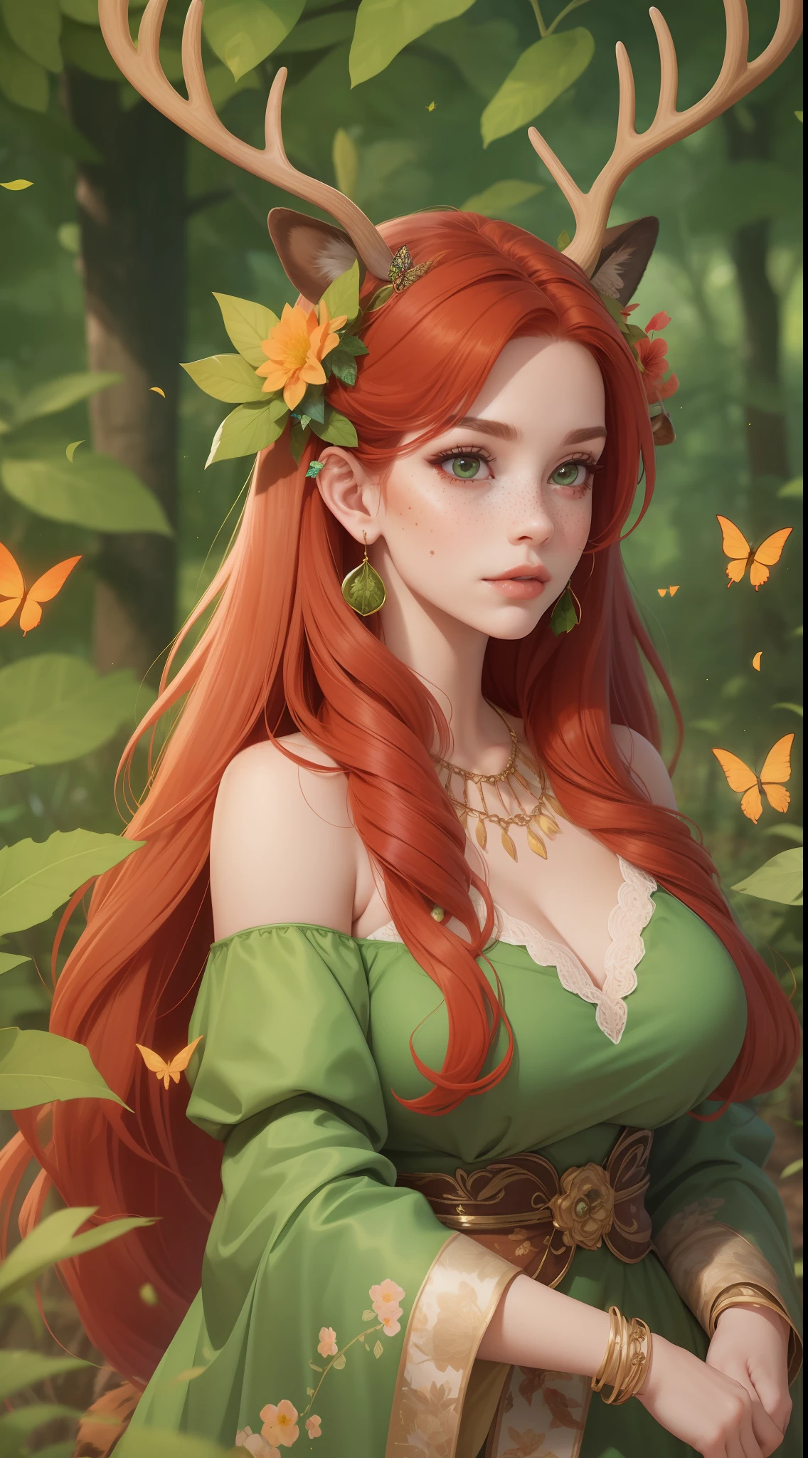 uma mulher adulta madura com chifres e cabelo ruivo brilhante vestindo uma roupa verde de fantasia feita de folhas e flores com borboletas ao seu redor. Ela tem orelhas de veado. Orelhas de fulvo. Borboletas no cabelo. ela tem muitas sardas. cenário de floresta cercado por borboletas