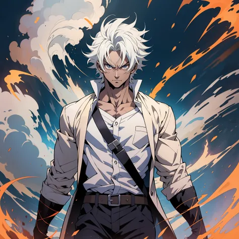 anime character with white hair and a white shirt standing in front of a fire, badass anime 8 k, handsome guy in demon slayer ar...