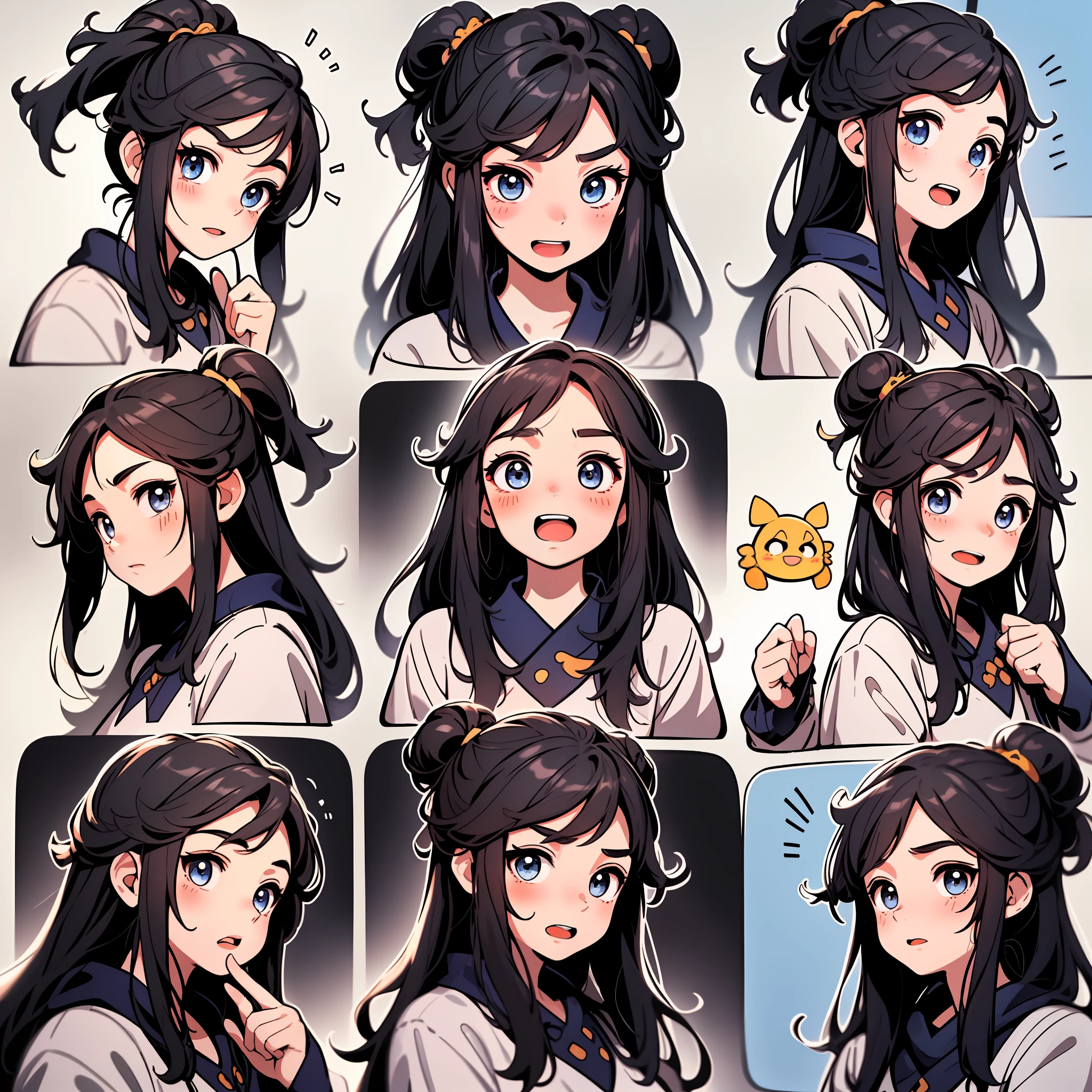 1 可愛的中國女孩，9格，9 個表情符號包，9種姿勢和表情，Hanfu，迪士尼風格，黑色筆畫，不同的情緒，8K