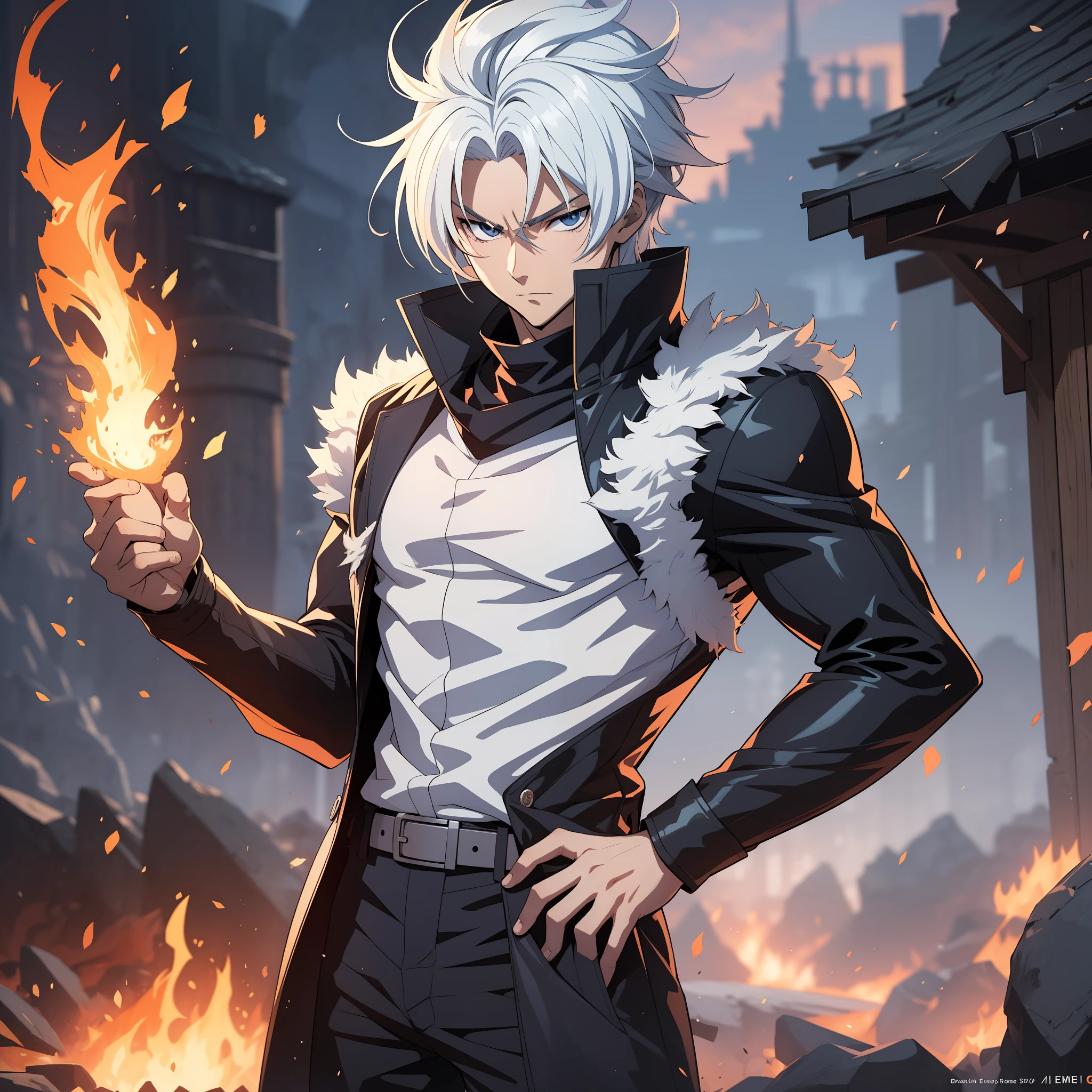 anime character with white hair and a white shirt standing in front of a fire, badass anime 8 k, handsome guy in demon slayer art, male anime character, best anime 4k konachan wallpaper, anime handsome man, detailed anime character art, handsome anime pose, anime style 4 k, 4k anime wallpaper, anime character art, key anime art