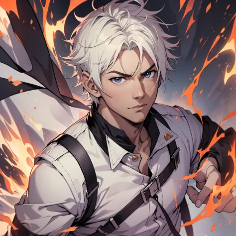 anime character with white hair and a white shirt standing in front of a fire, badass anime 8 k, handsome guy in demon slayer art, male anime character, best anime 4k konachan wallpaper, anime handsome man, detailed anime character art, handsome anime pose...