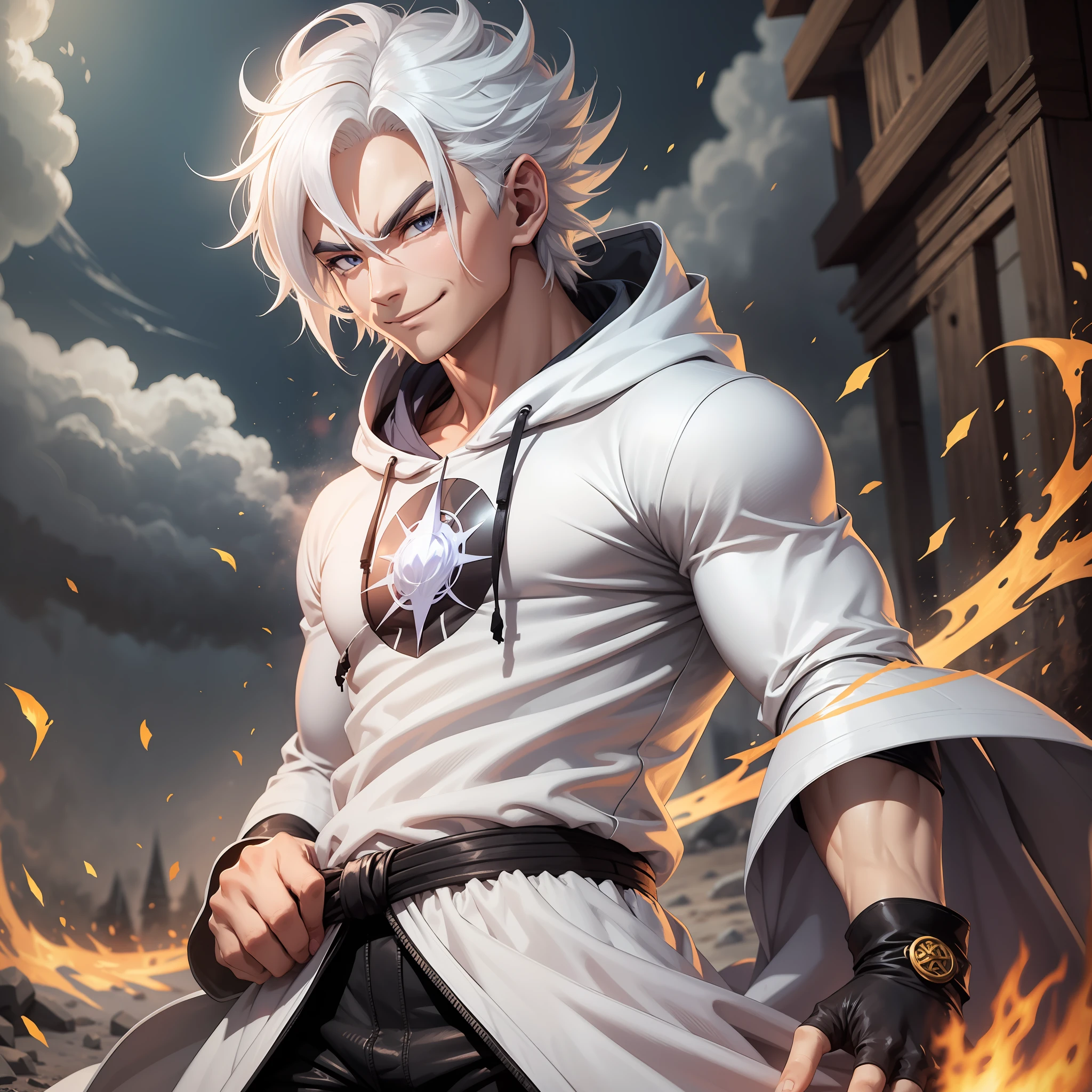 anime character with white hair and a white shirt standing in front of a fire, badass anime 8 k, handsome guy in demon slayer art, male anime character, best anime 4k konachan wallpaper, anime handsome man, detailed anime character art, handsome anime pose, anime style 4 k, 4k anime wallpaper, anime character art, key anime art