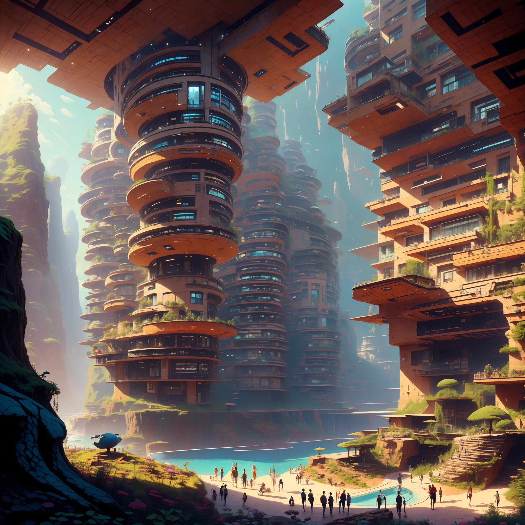 an awesome sunny cheerful day environment concept art of Futuristic design of cave architecture interiors concept art on grand Canyon caves 自然建築, 成比例的,詳細的, 洞穴建築自然與未來建築在熱帶雨林叢林懸崖上的巨大瀑布相遇,暮光之光, 大自然與牡羊座莫羅斯風格的現代建築相遇, 雷姆·庫哈斯,丹尼爾·裡伯斯金德, 讓·努維爾, 保羅·索萊裡,伊東豐雄和菲利普·約翰遜的乾筆繪畫風格 ,明暗對比村,懸崖邊住宅區, 混合發展,自然建築,鮮豔的色彩,高層建築樓梯, 阳台, 充滿玻璃帷幕牆,由岩石雕刻而成, 傑作, 成比例的, 詳細的, ArtStation 上的熱門話題, 美麗的燈光, 實際的, 錯綜複雜