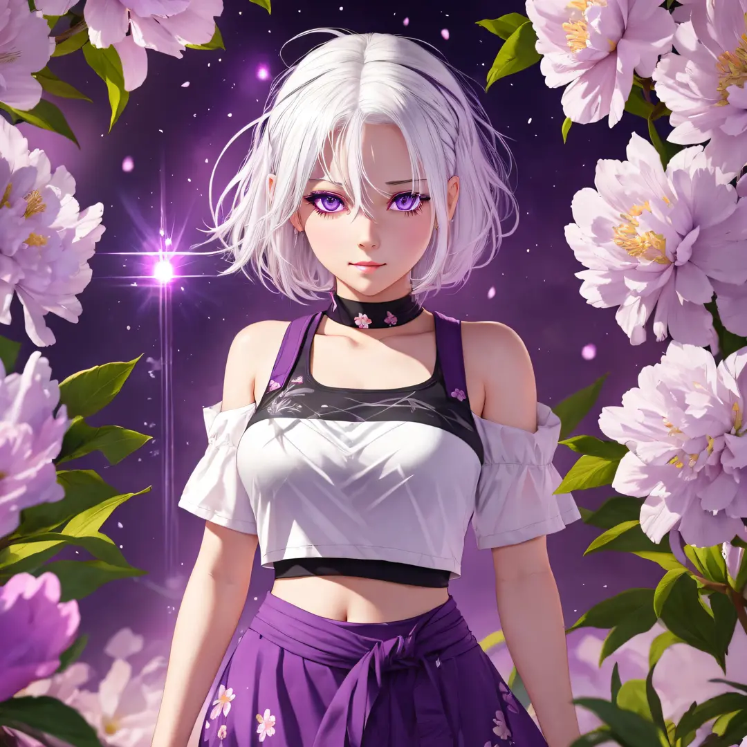 realistic, 1girl, white hair, purple eyes, glowing eyes, crop top, skirt, parted lips, blush, night, flowers, sun, sunlight, --a...