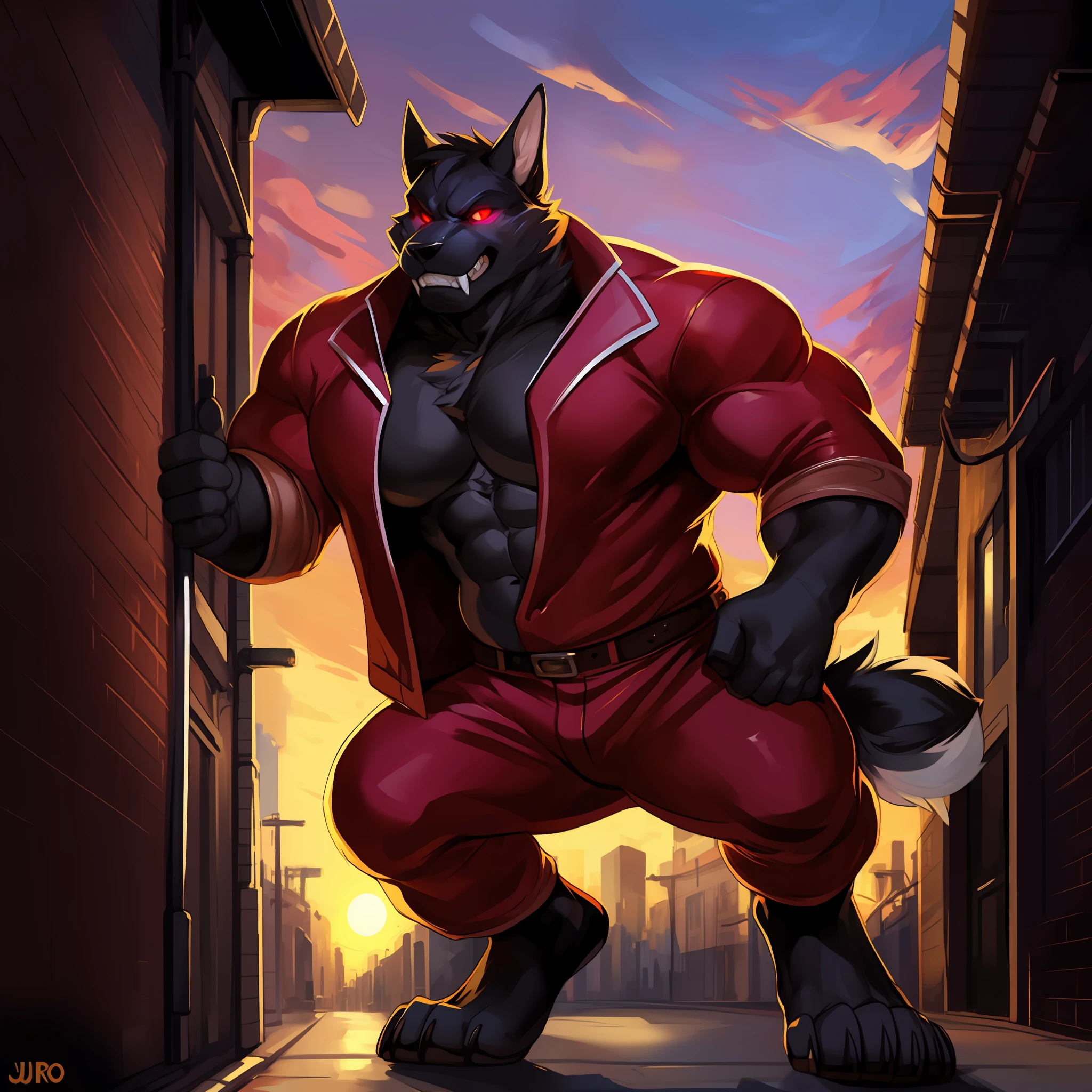 Solo, male, by darkgem, by mystikfox61, by glitter trap boy, by enro the mutt, by juiceps, standing, canine, black fur, red eyes, glowing eyes, muscular, giant, tall, powerful, strong, buff, wide, thick, massive biceps, giant pecs, teeth, fangs, smirking, rape face, evil expression, (((red suit))), black dress pants, alleyway, sunset,