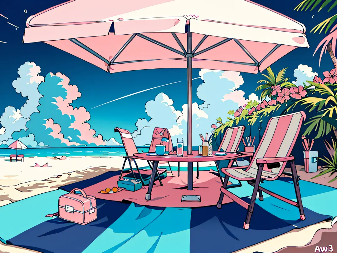 nmasterpiece， of the best quality， scenecy，sandbeach，beachside，coconut palms，3 pink awnings，3 pink beach chairs，Pink picnic mat，pink swimming ring，pink surfboard