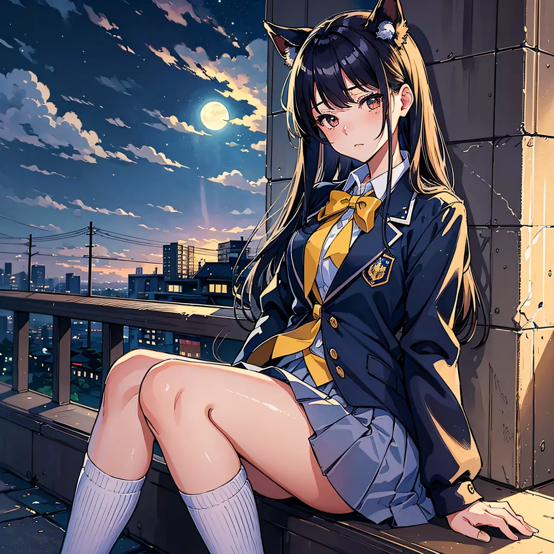 (masterpiece), (best quality), 1girl, kitauji_high_school_uniform, (night), often shows a sad look in an inadvertent moment. Like the moonlight occasionally leaking through the gaps in the clouds, --auto --s2