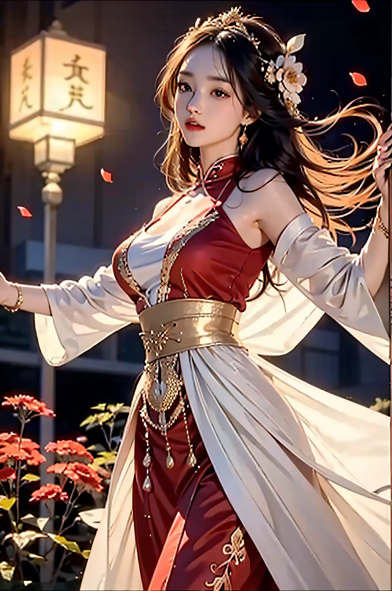 best quality, masterpiece, highres, (exquisite body:1.5),gorgeous face,(milky skin:1.3),intricate details,high resolution,wallpaper,
1girl, solo, dress, hair ornament, (((gold and red dress))), flowers, long hair, brown hair, closed mouth, jewelry, long sleeves, hand up, wide sleeves, big eyes,floating hair, chinese clothes, hanfu, embroidery, long skirt, natural pose, falling petals, indoor,fanning, lantern,
16K,HDR,highres,depth field,(film grain:1.1),boken,golden hour,(lens flare),vignette,rainbowing,(color grading:1.5)