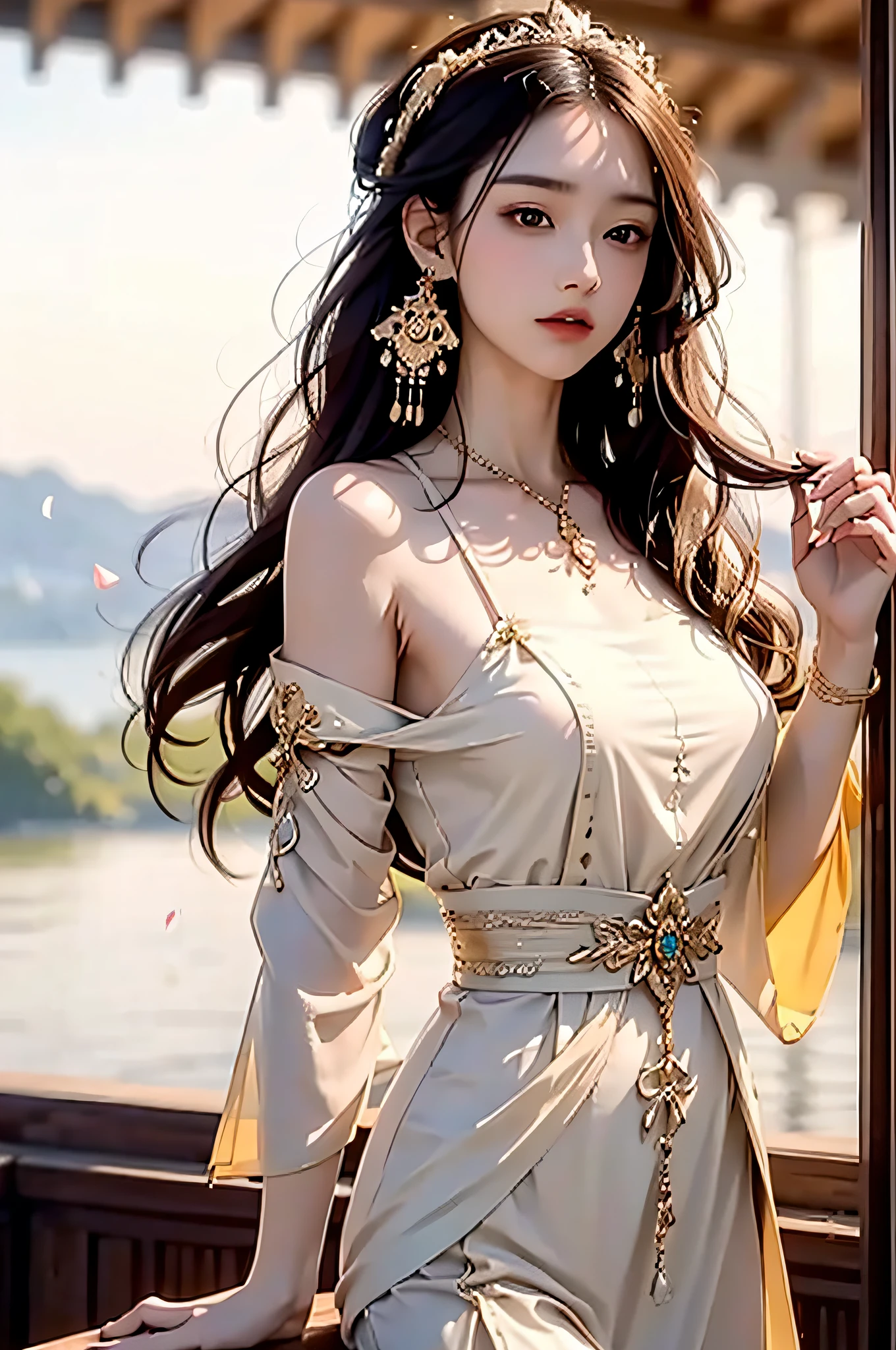 best quality, masterpiece, highres, (exquisite body:1.5),gorgeous face,(milky skin:1.3),intricate details,high resolution,wallpaper,
1girl, solo, dress, hair ornament, (((gold and red dress))), flowers, long hair, brown hair, closed mouth, jewelry, long sleeves, hand up, wide sleeves, big eyes,floating hair, chinese clothes, hanfu, embroidery, long skirt, natural pose, falling petals, indoor,fanning, lantern,
16K,HDR,highres,depth field,(film grain:1.1),boken,golden hour,(lens flare),vignette,rainbowing,(color grading:1.5)