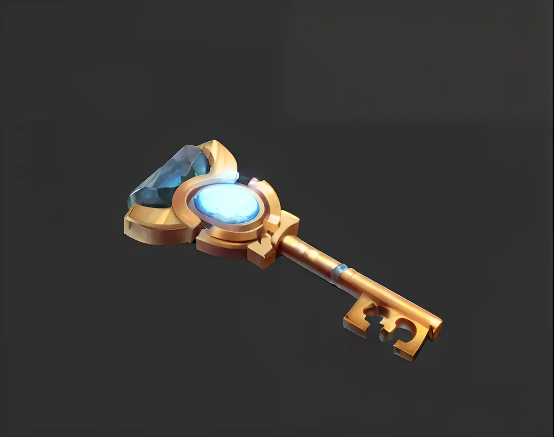 There is a golden key，There is a blue stone on it, golden key, treasure artifact, legendary item, key is on the center, Mecha mechanical wind，style of league of legends
