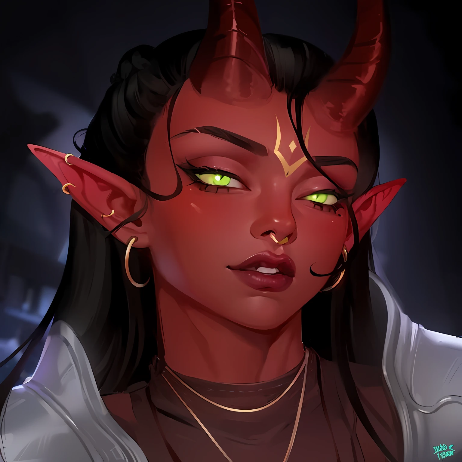 um close up de uma mulher com chifres e um colar, Tiefling, dnd retrato de um Tiefling, Tiefling o D & d, feiticeira tiefling, sedutor druida Tiefling, druida Tiefling atraente, tiefling cósmico d&d, Tiefling desonestos, retrato de um demônio feminino, retrato da garota demônio, Tiefling azul, linda súcubo