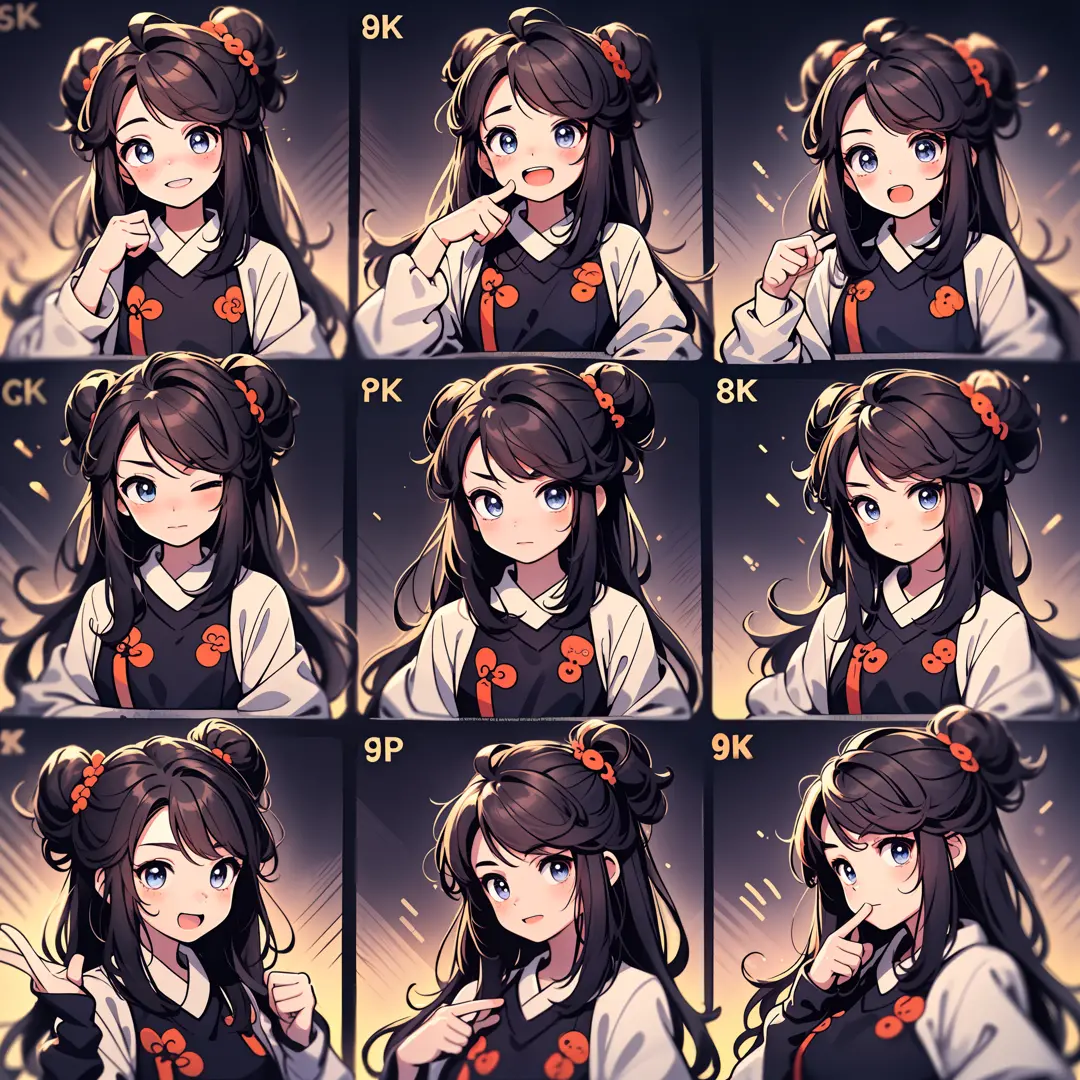 1 cute Chinese girl，9 grids，9 emoji packs，9 poses and expressions，Hanfu，Disney  style，Black strokes，Different emotions，8K