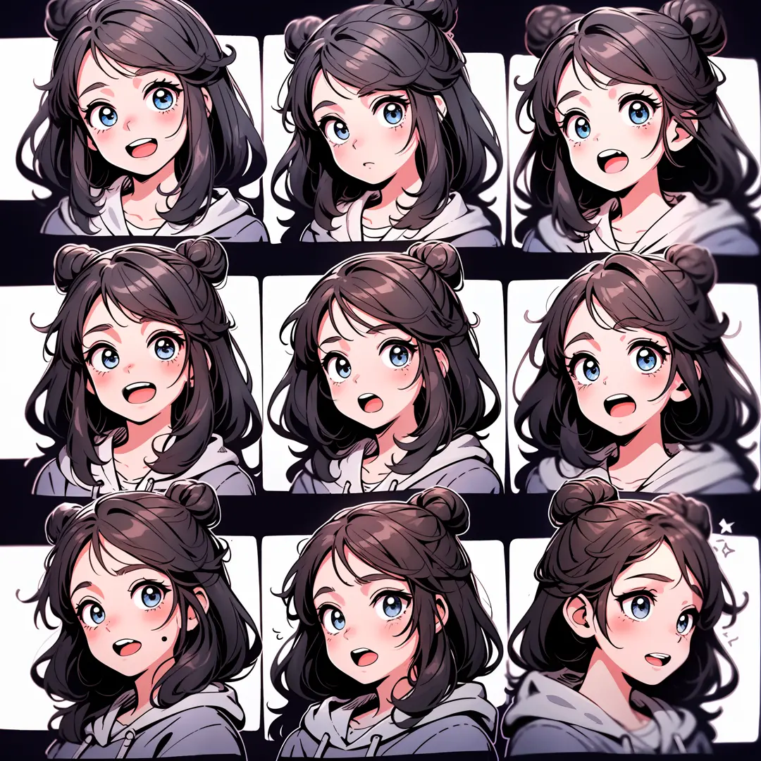 1 cute girl，9 grids，9 poses and expressions，Disney  style，Black strokes，Different emotions，8K