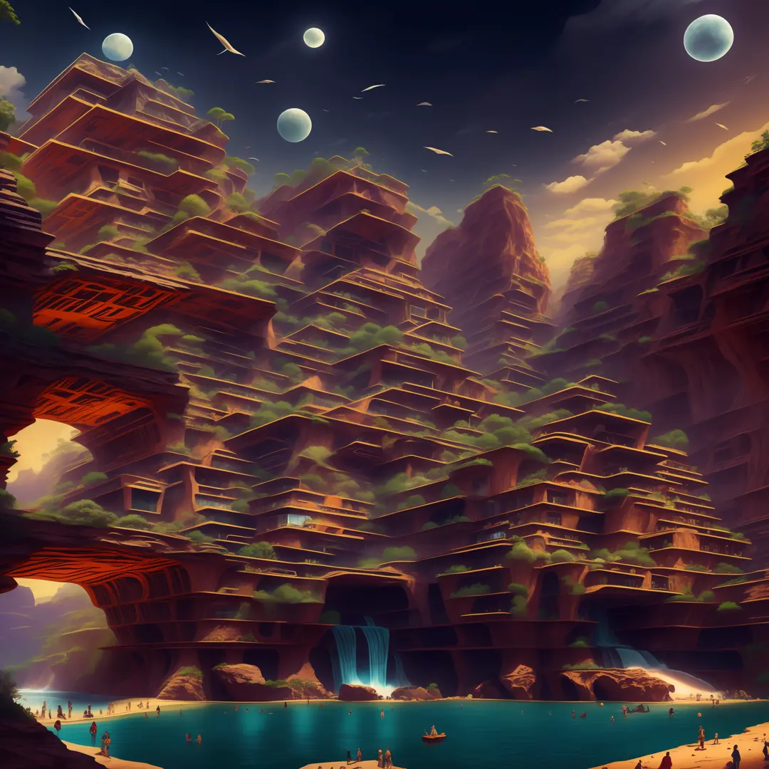 an awesome sunny cheerful day environment concept art of Futuristic design of cave architecture interiors concept art on grand Canyon caves nature architecture, proportional,detailed, cave architecture nature meets futuristic architecture on a rainforest j...