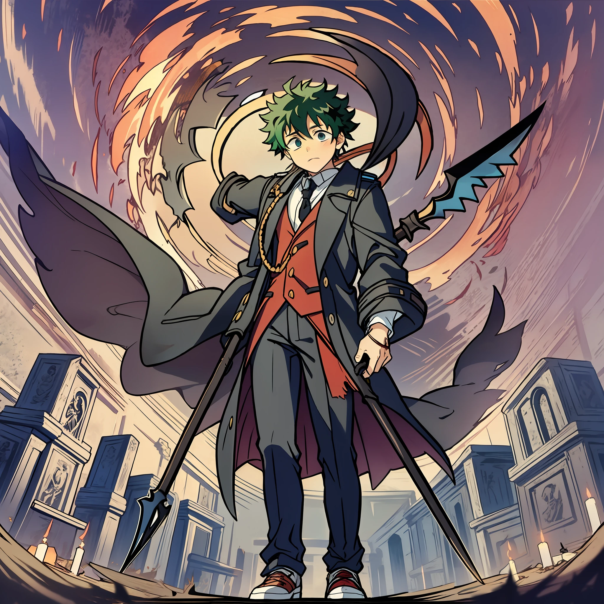 Izuku Midoriya dans le rôle de la faucheuse portant des vêtements de médecin de la peste brandissant une faux dans un cimetière sous le clair de lune cramoisi