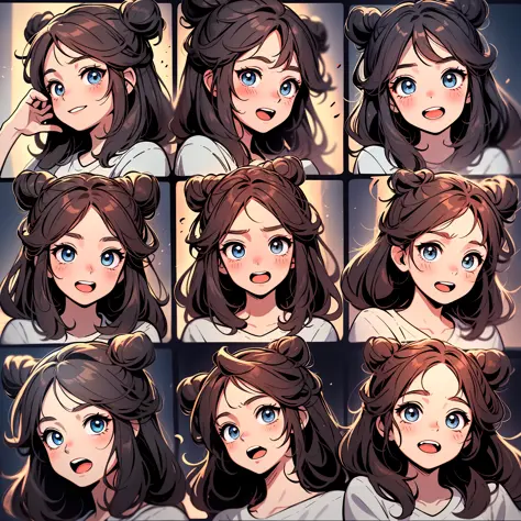 1 cute redhead girl，9 grids，9 poses and expressions，Disney  style，Black strokes，Different emotions，8K