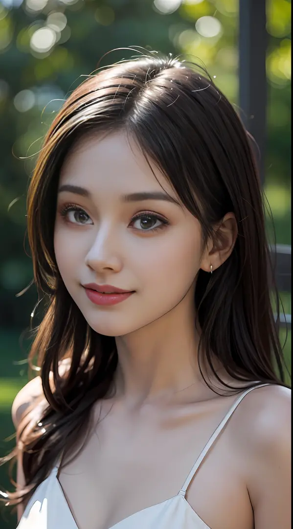 （8k，最佳质量，nmasterpiece：1.2），（make realistic，photo-realistic：1.5），1girls，Cutes，sitted，outside，（Smile with：1.15），（closes mouth）large tits，beautiful detailed eyes，（Small translucent dress：1.4），Whole human body，（topless）），（（最佳质量）），（ultra -detailed）），pretty back...
