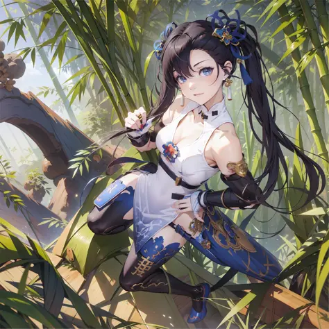 anime girl with long 2 pigtails hair, anime art, anime girl with black hair, shadowverse style, using a white mixed blue chinese...