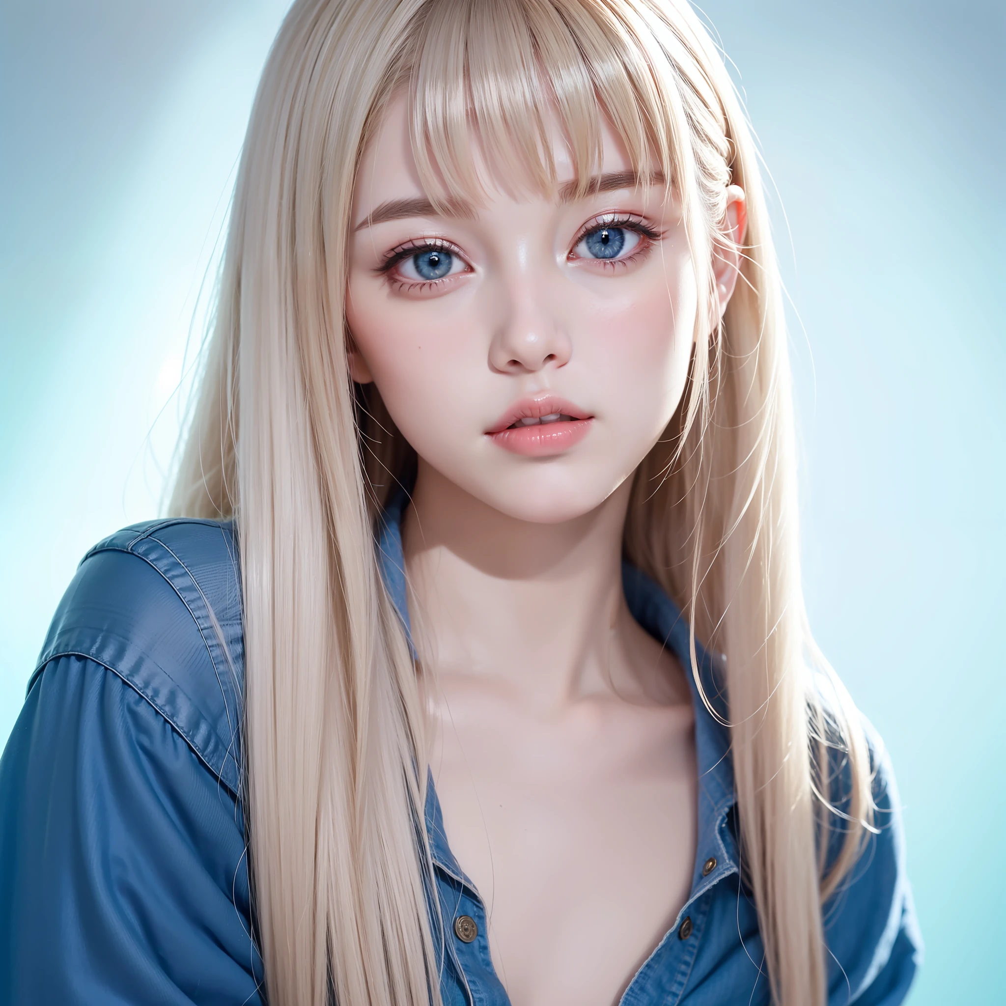 Beautiful and cute girl at 17 years old、very shiny white and beautiful young shiny skin,、very beautiful and cute face、Big blue eyes with beautiful transparency、Super long beautiful platinum blonde shiny dazzling straight hair、long and beautiful bangs、Pink shirt、natural lights、