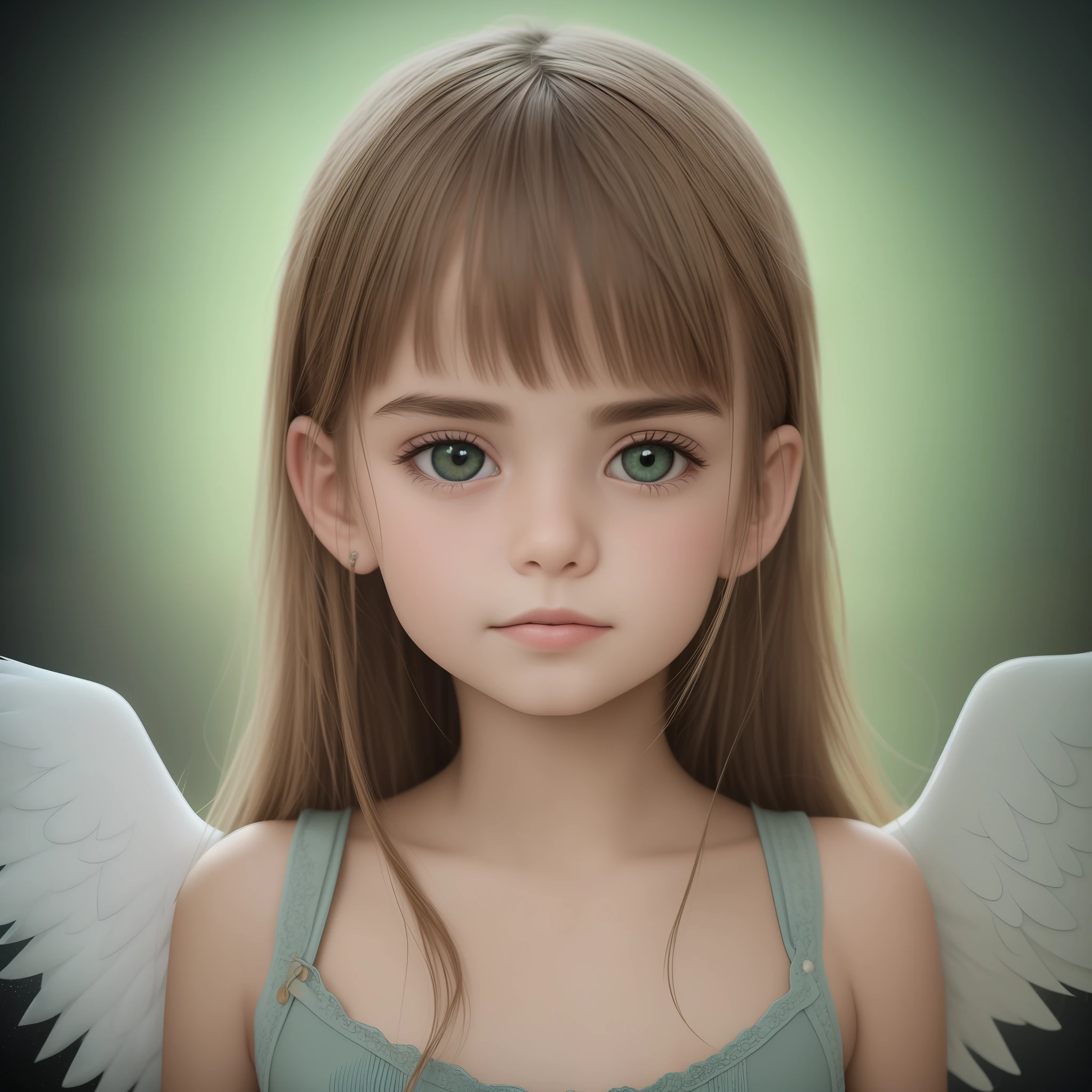 ultra realistic photography, RAW photograph, 1boy angel, gorgeous 9years aged child in a dark background, Ropa angelical, cara preciosa y perfecta, ojos grises normales, alas detalladas y hermosas de color verdes, child with half body, tunica de color verde con detalles blancos y dorados,caricatura, Cara detallada --auto --s2